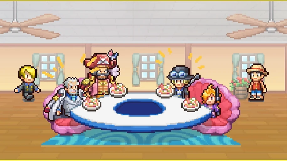 Official press image of characters dining at themed tables, used to identify the systems-overview video